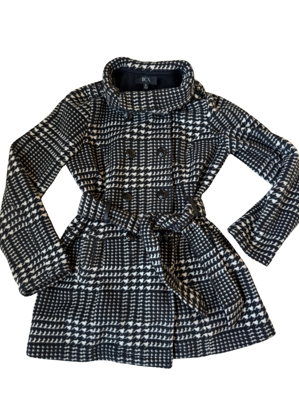 BCX Black & White Houndstooth Peacoat with Waist Tie